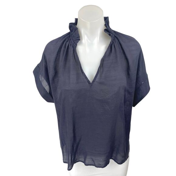 NEW Banana Republic Navy Blue Short Sleeve Ruffle V Neck Blouse Top Size XS - Picture 1 of 4